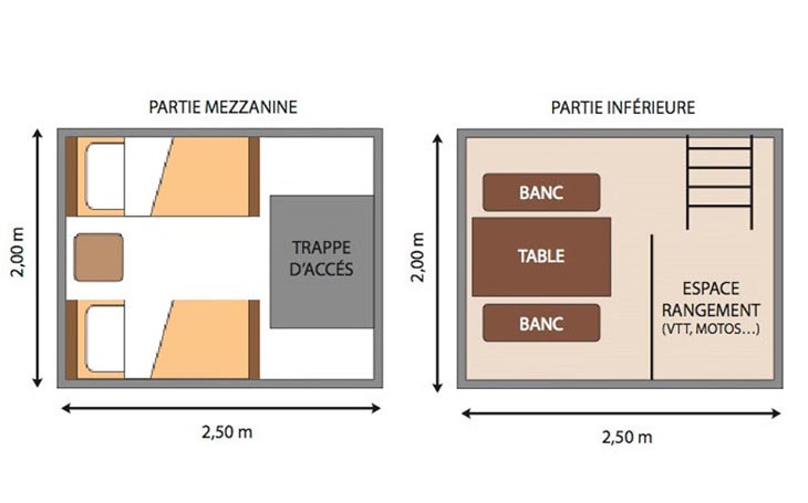 Schlafzimmer im Obergeschoss und Tisch mit Bänken unten